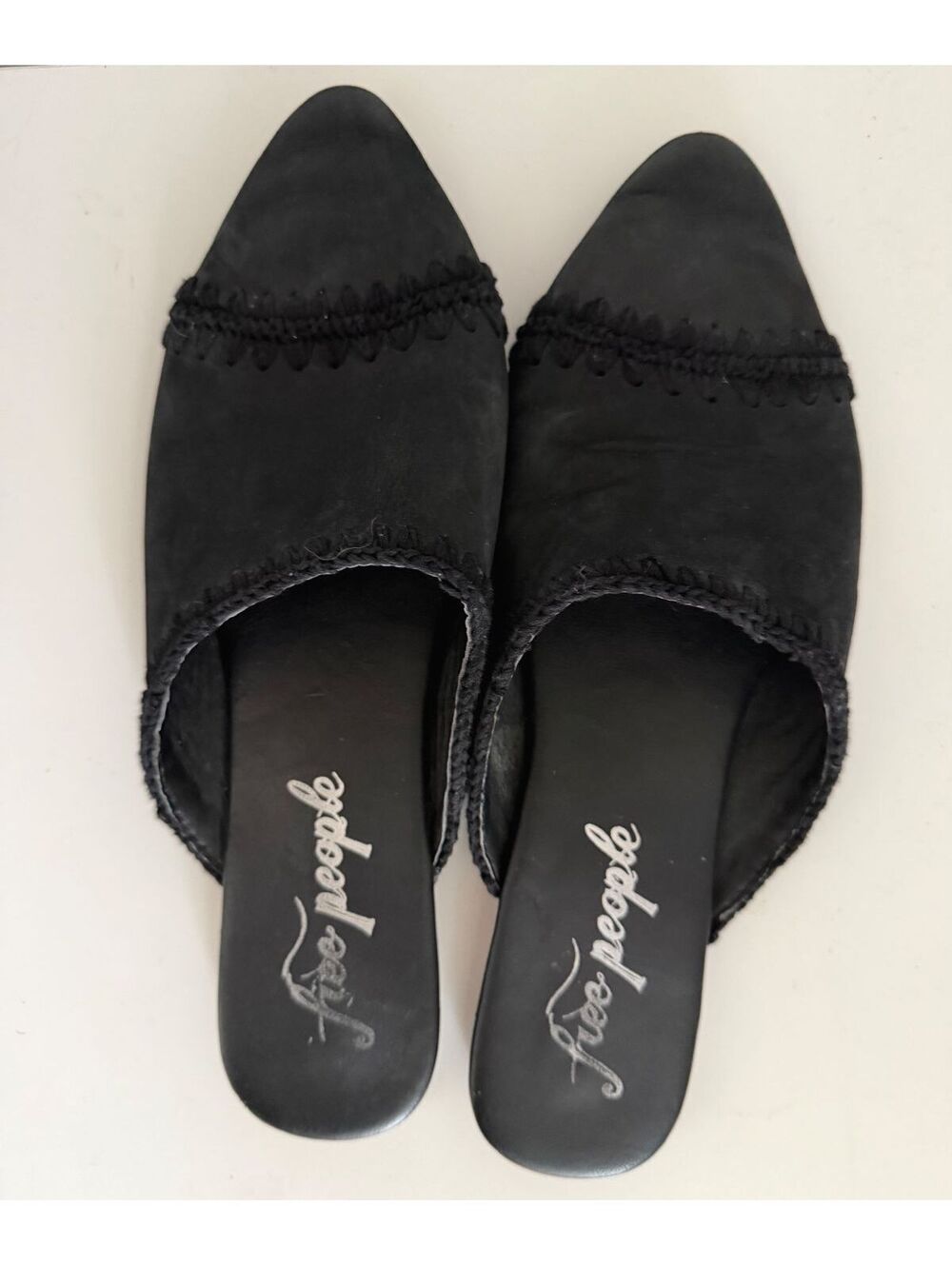 Free People Black Leather Pointed Toe Mules Woven Crochet Boho Slides Size 41